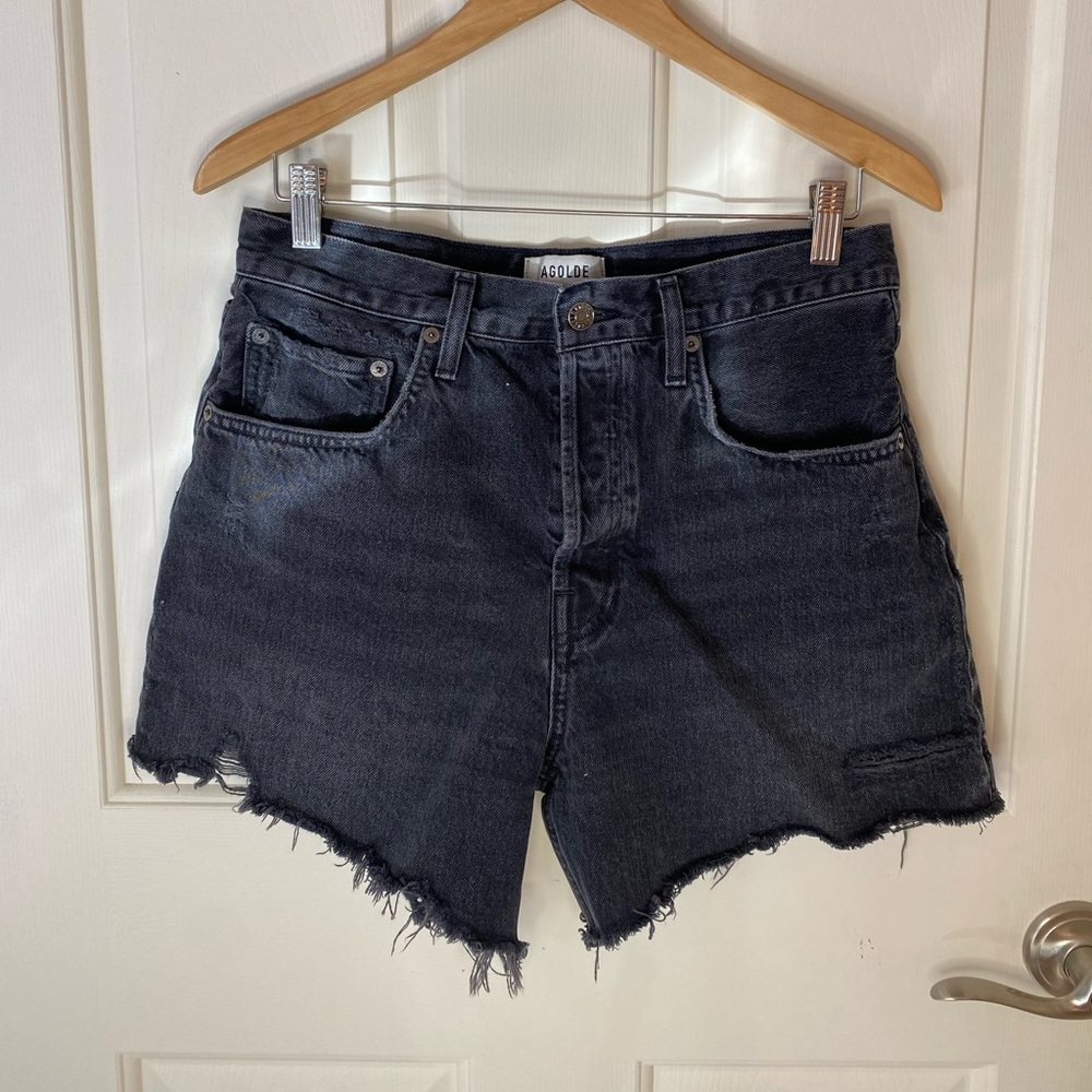 Agolde Black Distressed High-Rise Denim Shorts - Picture 7 of 10